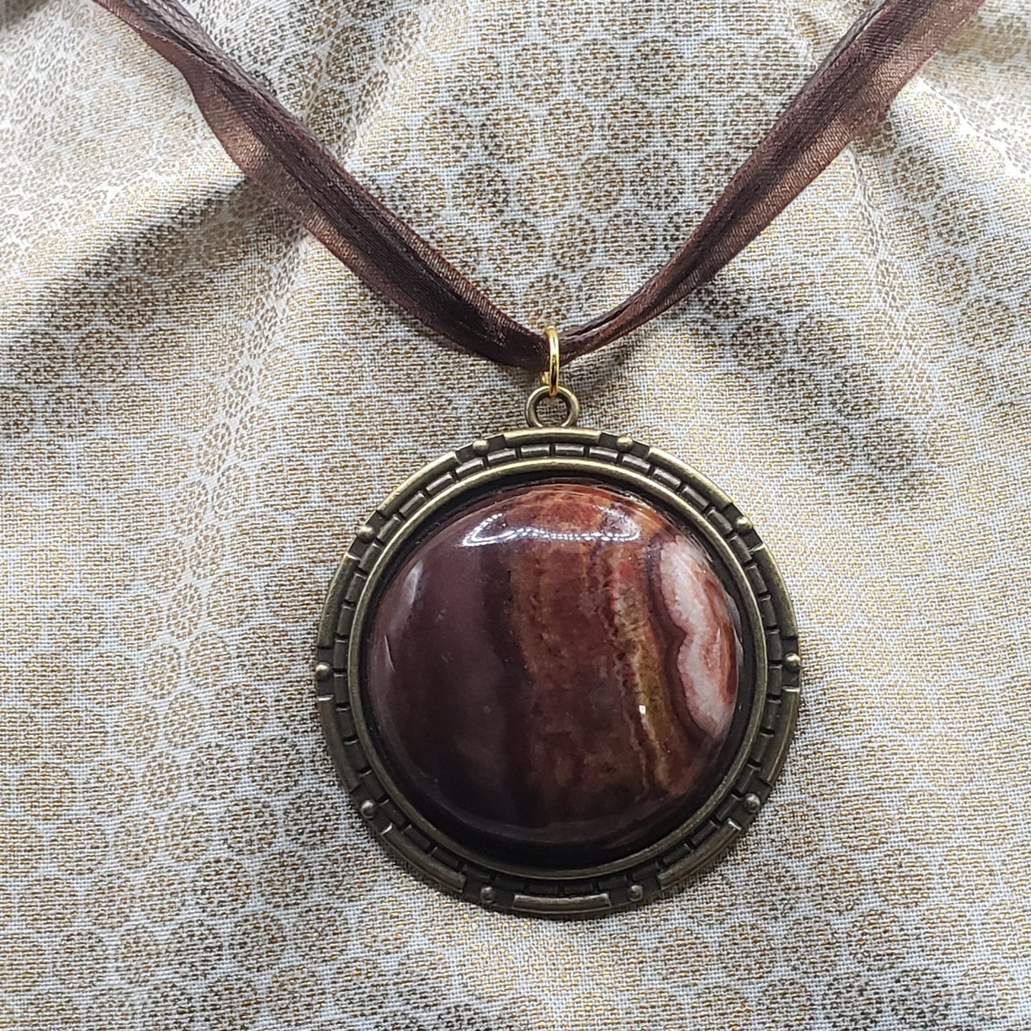 Brown Banded Jasper Agate 1.5" Round Stone Pendant Necklace Jewelry 16" brown ribbon & cord (CJ00024) Simply CBD LLC