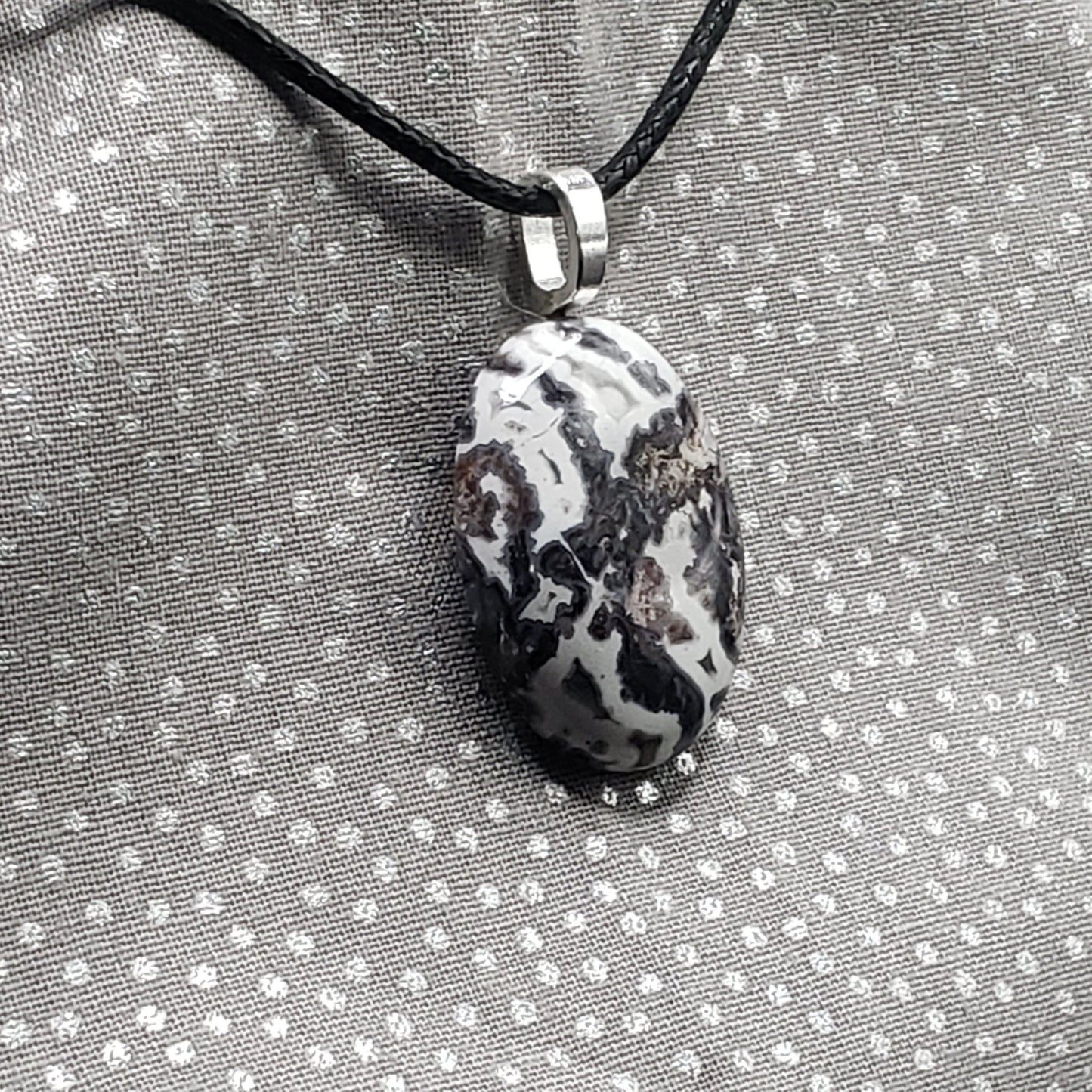 Black & White Jasper Agate 1" Oval Stone Pendant Necklace Jewelry 20" black cord (CJ00042) Simply CBD LLC