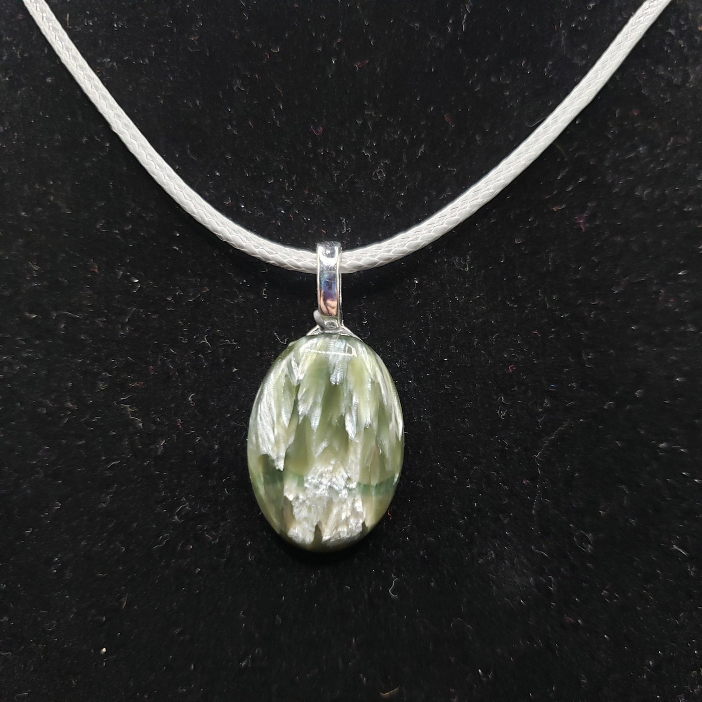 Seraphinite Crystal 1" Oval Natural Iridescent Stone Pendant Necklace 17" long sliver gray cord (CJ00046) Simply CBD LLC