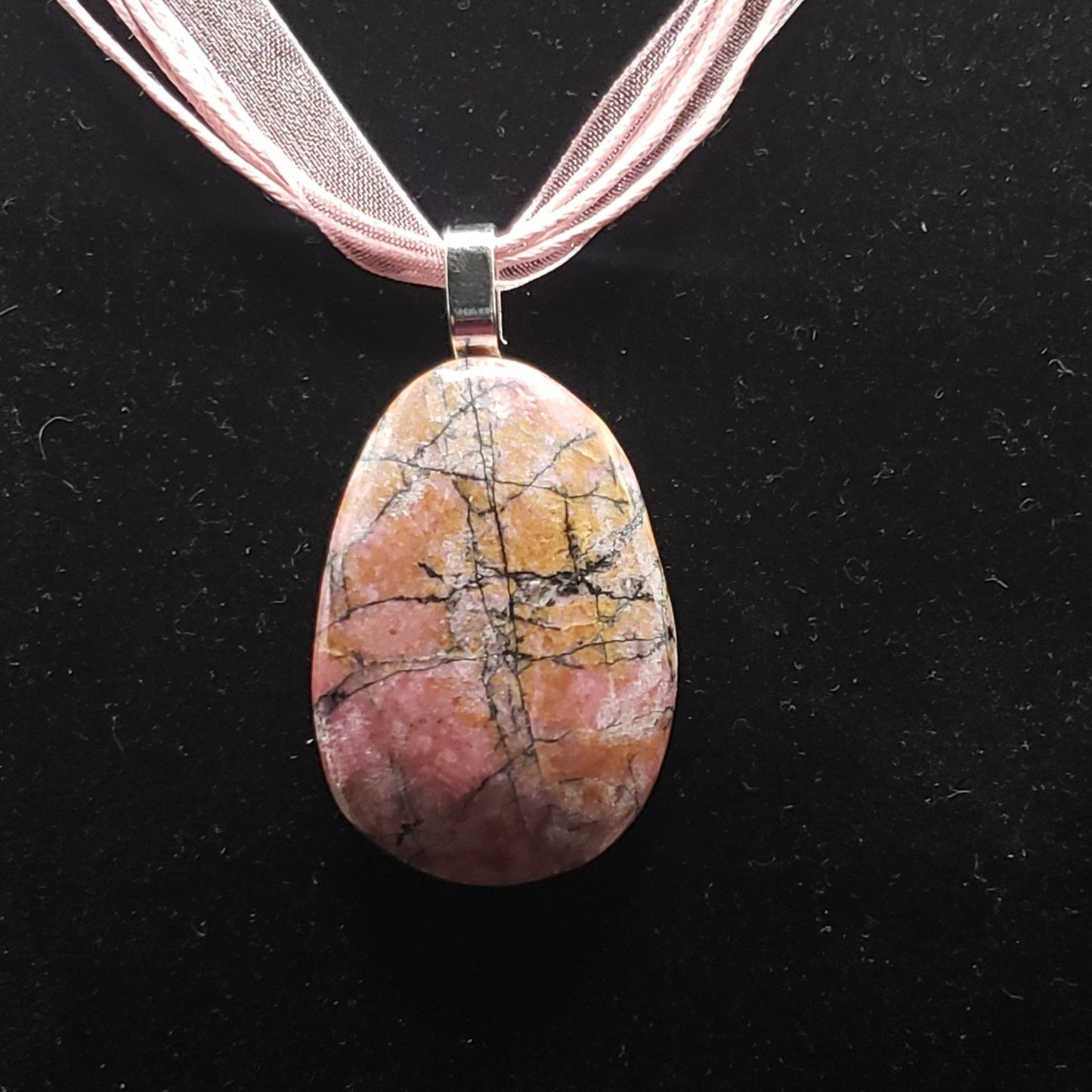 Rhodonite Crystal 1 3/4" Teardrop Natural Stone Pendant Necklace 16" pink cord ribbon (CJ00048) Simply CBD LLC