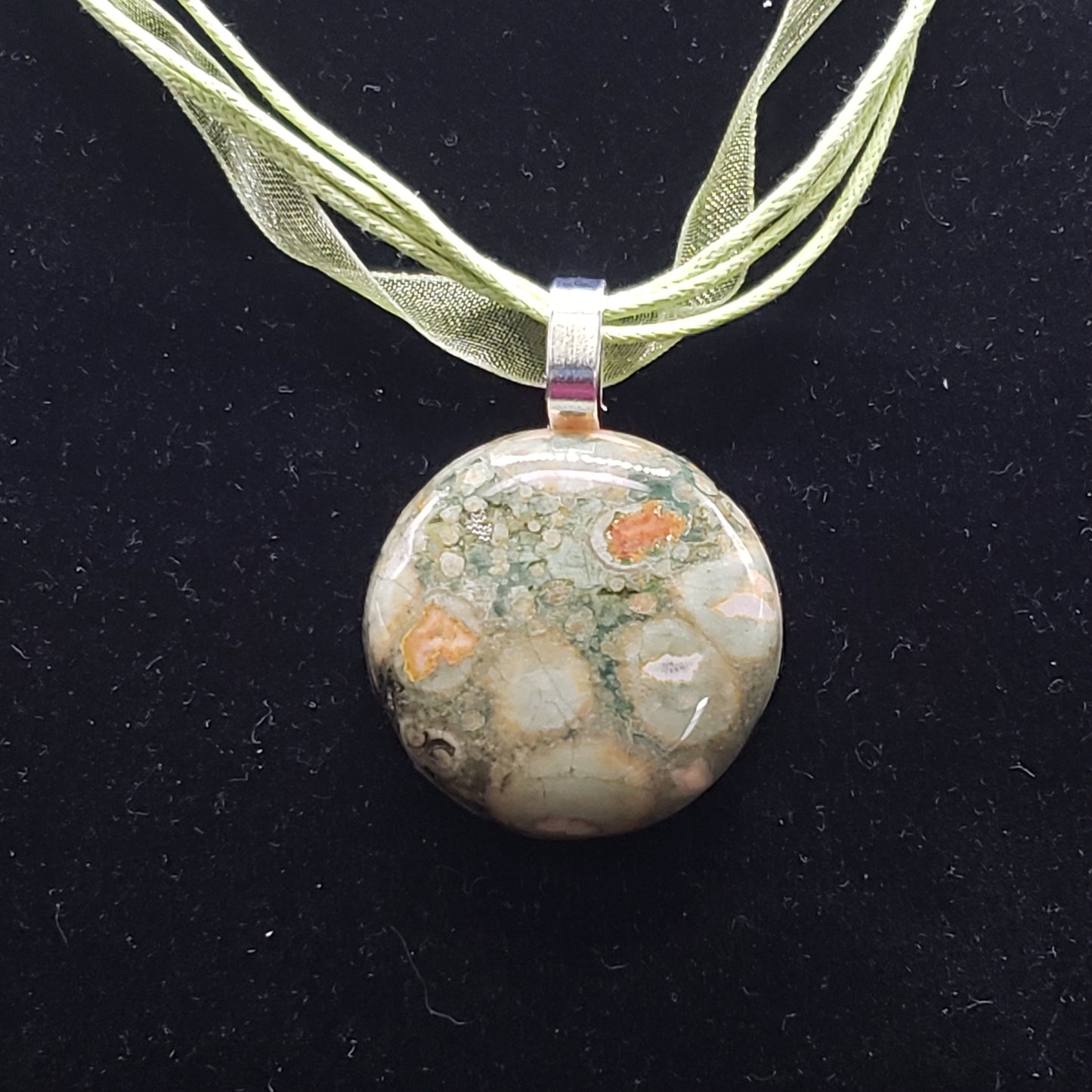 Breciated Jasper Crystal 1 1/4" Round Natural Stone Pendant Necklace 16" cord ribbon (CJ00047) Simply CBD LLC