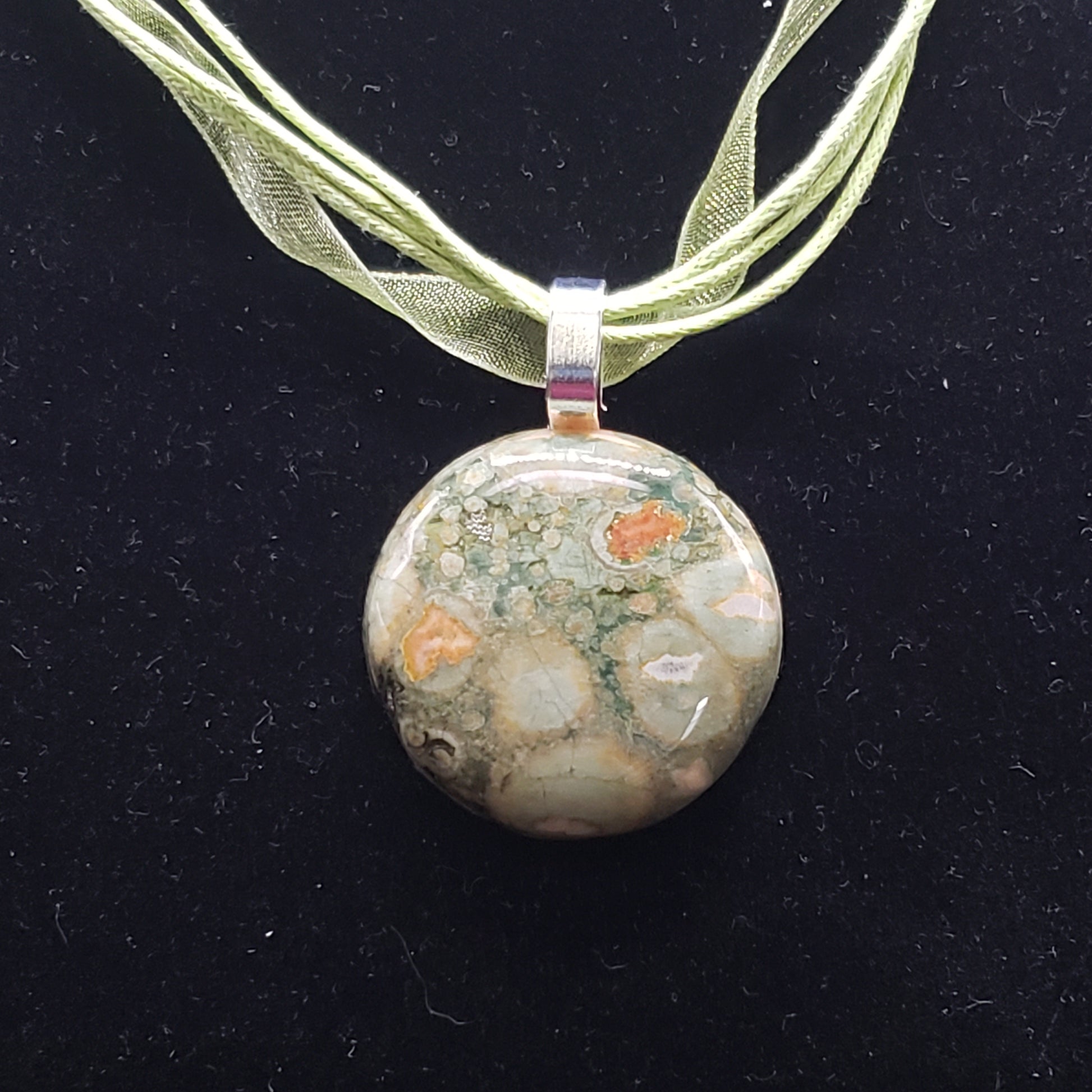 Breciated Jasper Crystal 1 1/4" Round Natural Stone Pendant Necklace 16" cord ribbon (CJ00047) Simply CBD LLC