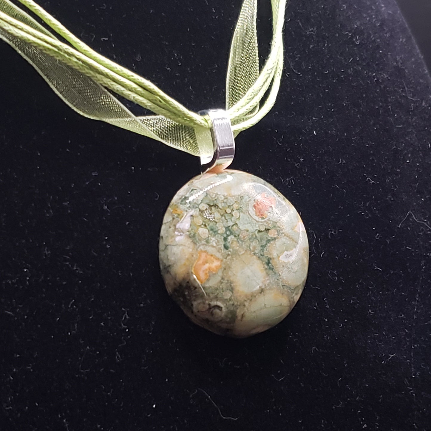 Breciated Jasper Crystal 1 1/4" Round Natural Stone Pendant Necklace 16" cord ribbon (CJ00047) Simply CBD LLC