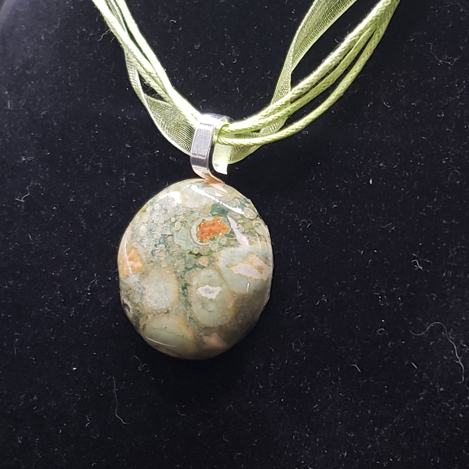 Breciated Jasper Crystal 1 1/4" Round Natural Stone Pendant Necklace 16" cord ribbon (CJ00047) Simply CBD LLC