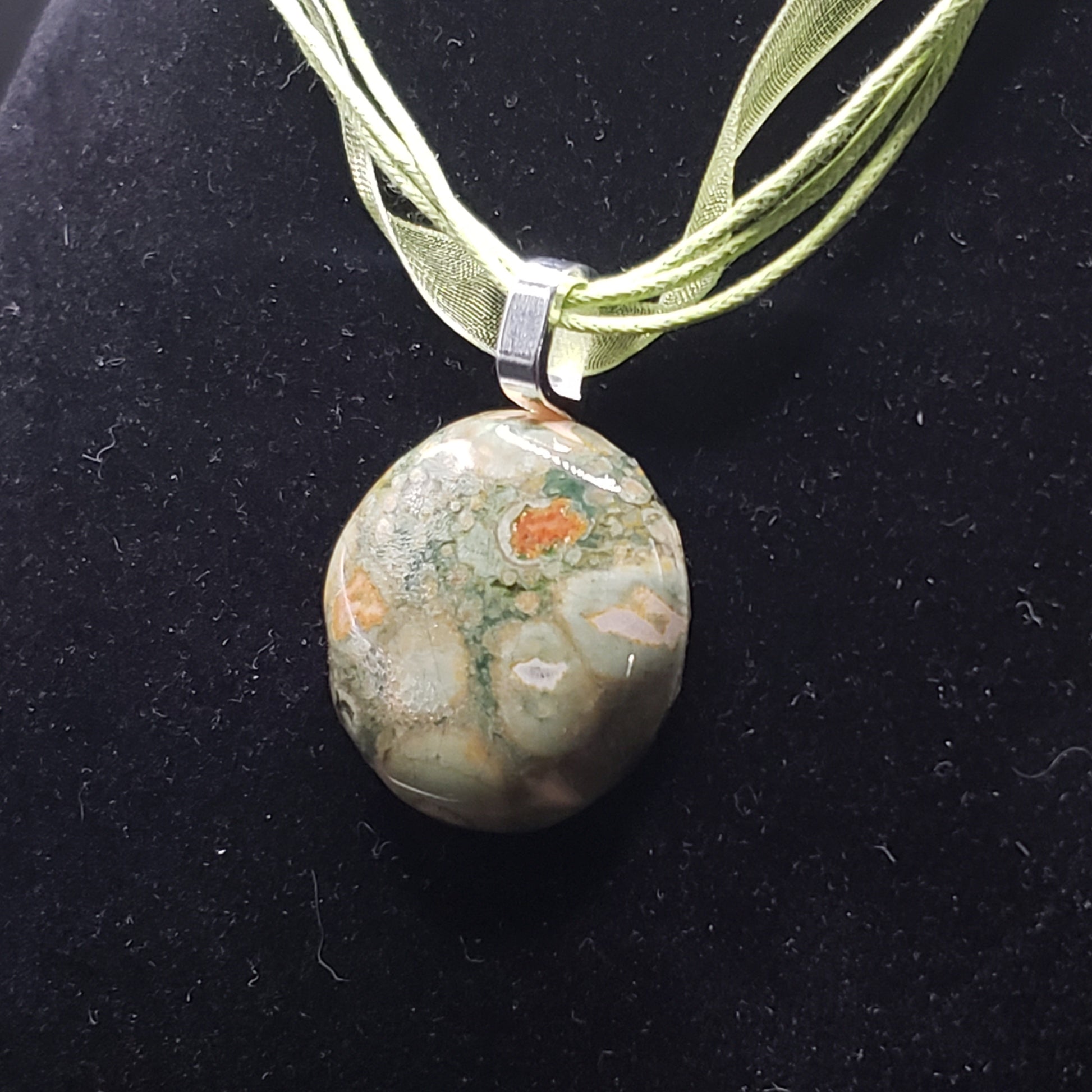 Breciated Jasper Crystal 1 1/4" Round Natural Stone Pendant Necklace 16" cord ribbon (CJ00047) Simply CBD LLC