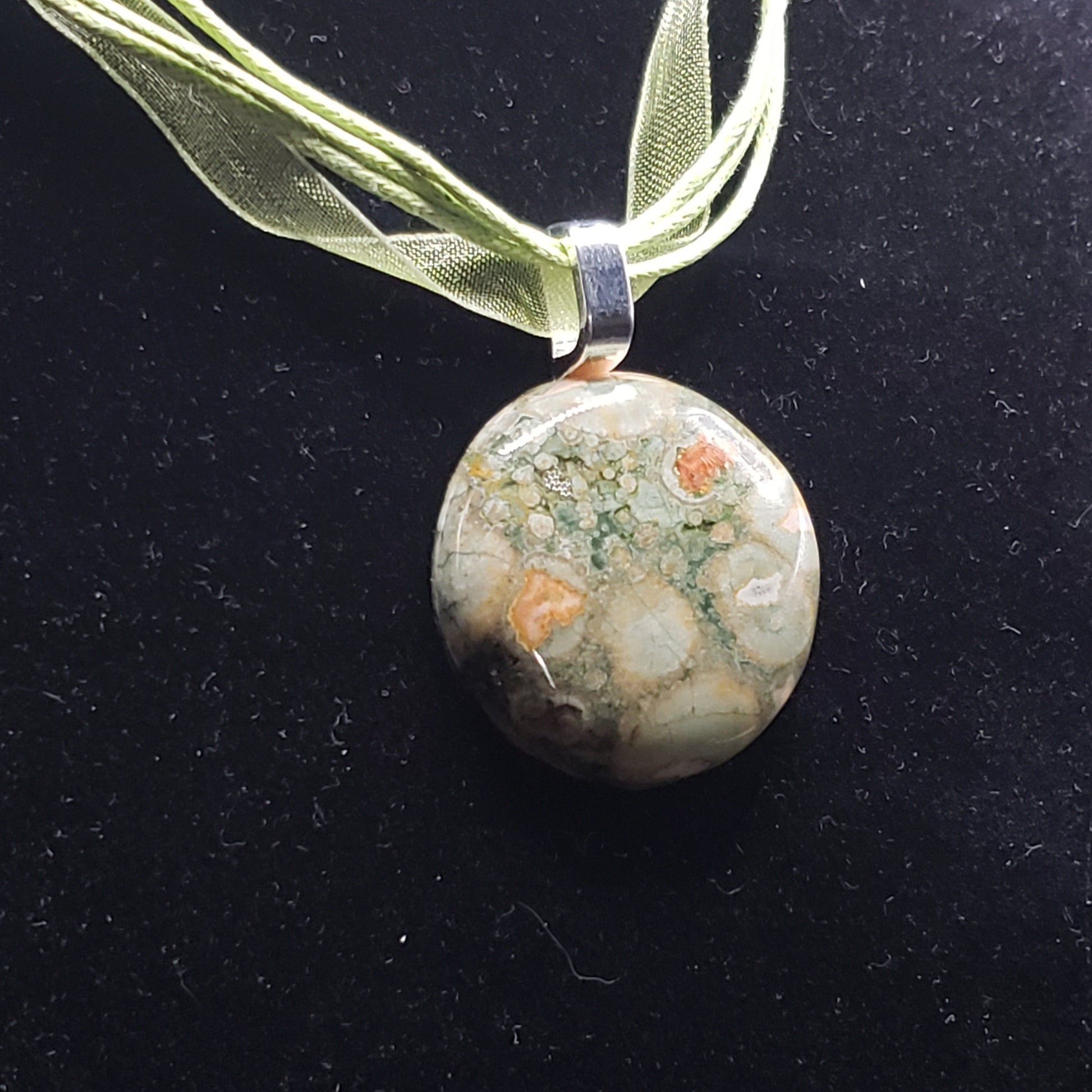 Breciated Jasper Crystal 1 1/4" Round Natural Stone Pendant Necklace 16" cord ribbon (CJ00047) Simply CBD LLC