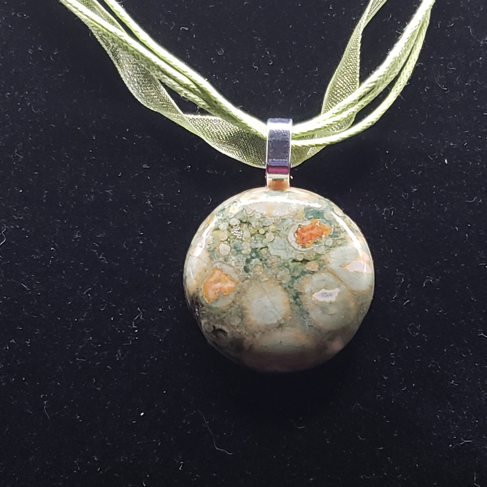 Breciated Jasper Crystal 1 1/4" Round Natural Stone Pendant Necklace 16" cord ribbon (CJ00047) Simply CBD LLC