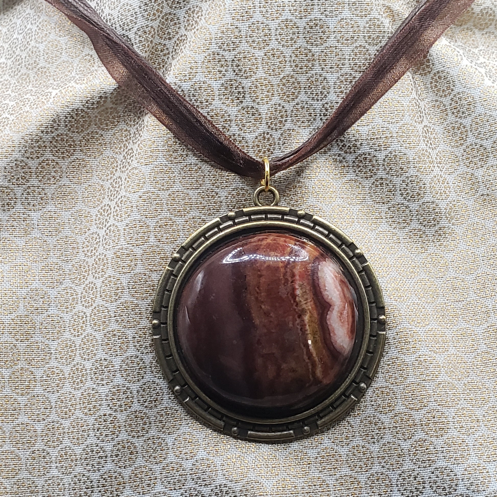 Brown Banded Jasper Agate 1.5" Round Stone Pendant Necklace Jewelry 16" brown ribbon & cord (CJ00024) Simply CBD LLC
