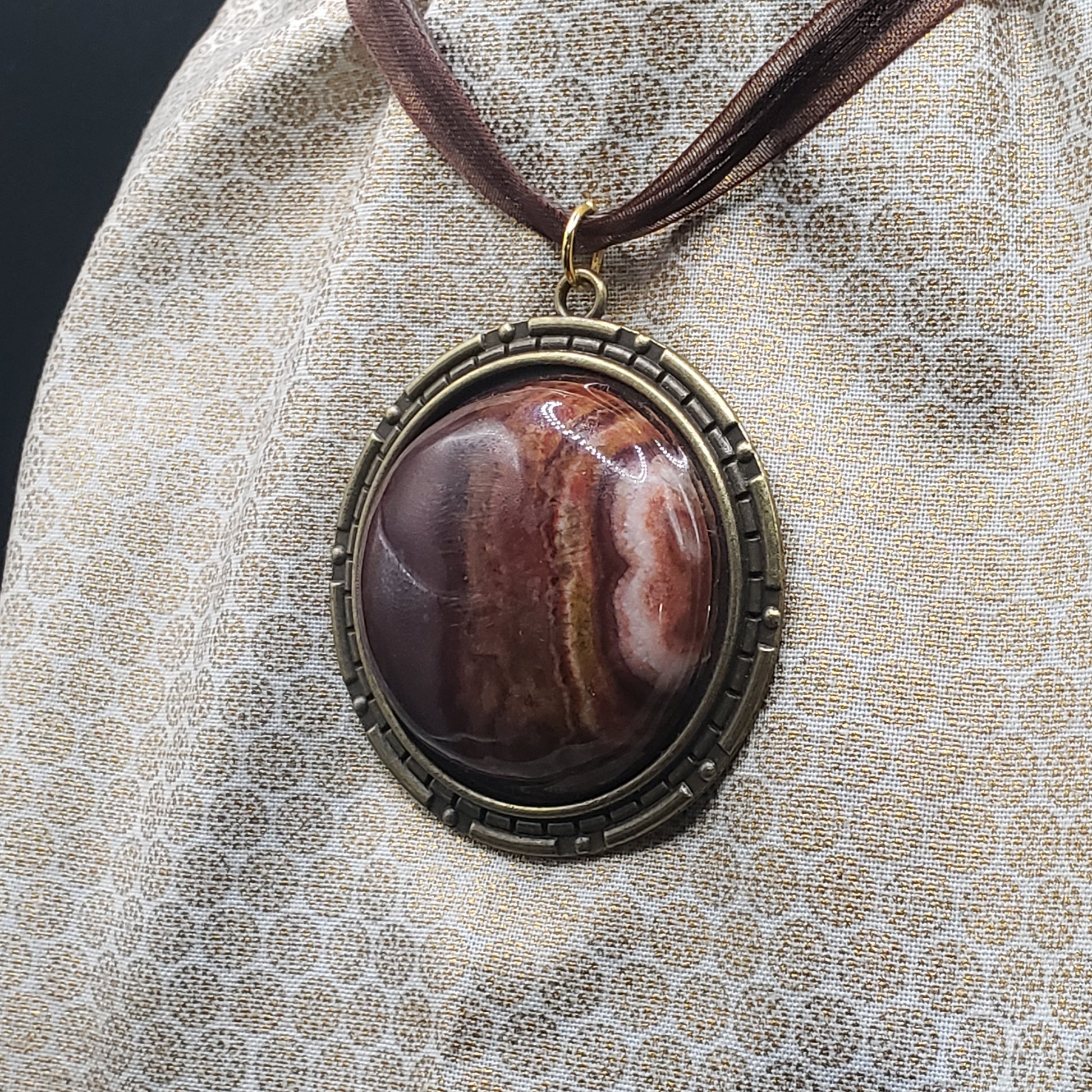 Brown Banded Jasper Agate 1.5" Round Stone Pendant Necklace Jewelry 16" brown ribbon & cord (CJ00024) Simply CBD LLC