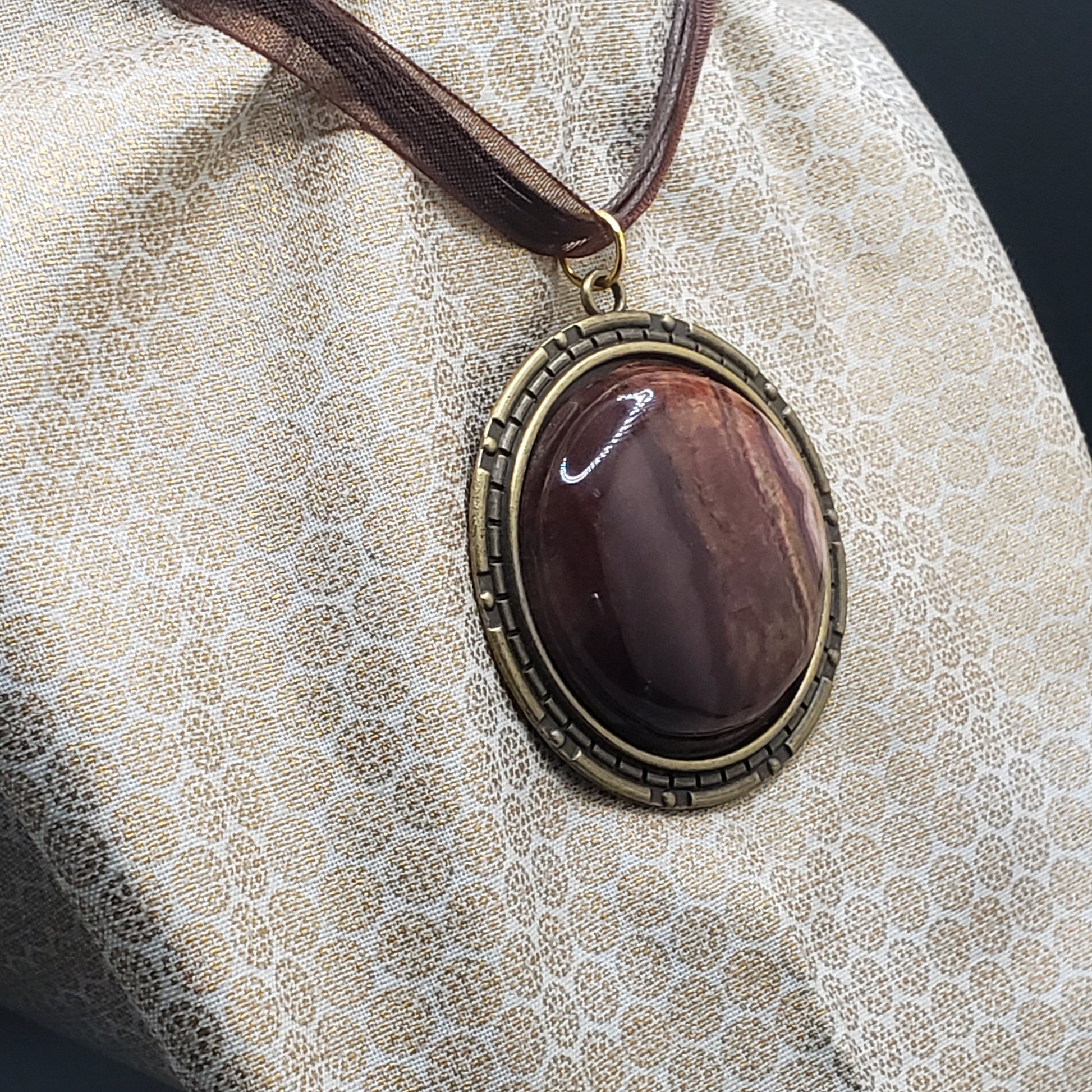 Brown Banded Jasper Agate 1.5" Round Stone Pendant Necklace Jewelry 16" brown ribbon & cord (CJ00024) Simply CBD LLC