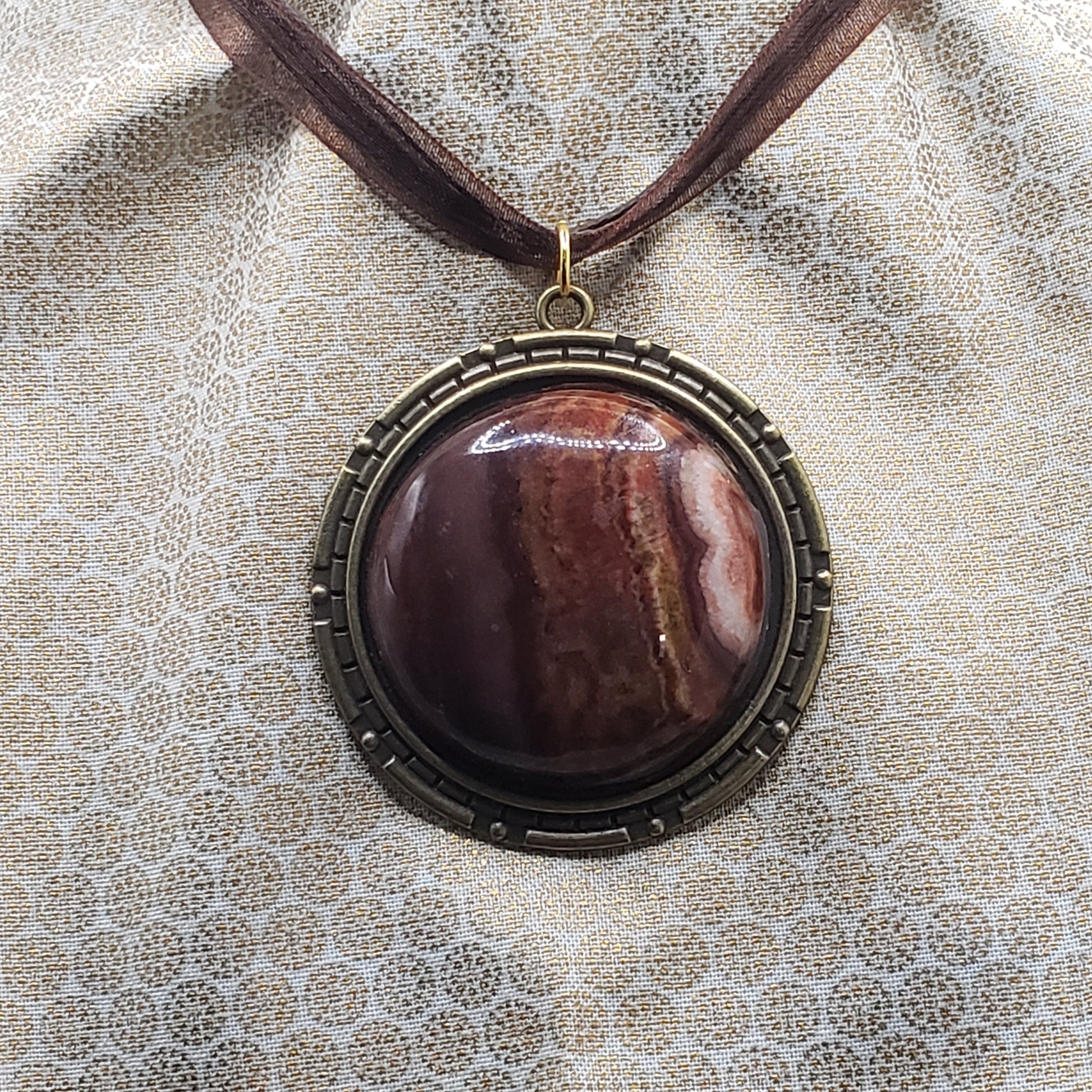 Brown Banded Jasper Agate 1.5" Round Stone Pendant Necklace Jewelry 16" brown ribbon & cord (CJ00024) Simply CBD LLC