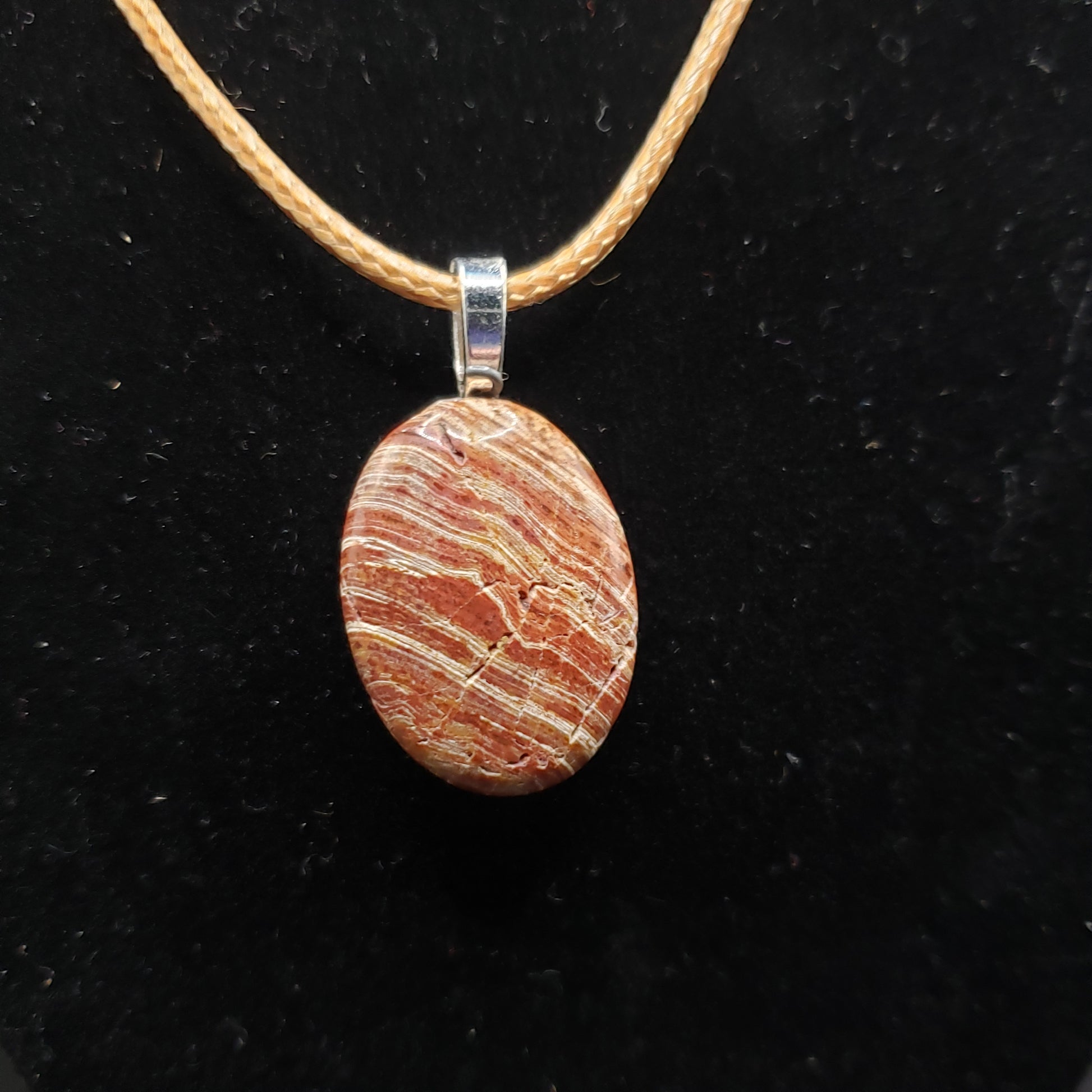 Red Beige Banded 1" Oval Stone Jasper Agate Pendant Necklace 18" Gold Cord (CJ00029) Simply CBD LLC