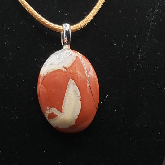Red Creme Morrisonite Jasper Agate 1 1/4" Oval Stone Pendant Necklace 17" long golden cord (CJ00037) Simply CBD LLC