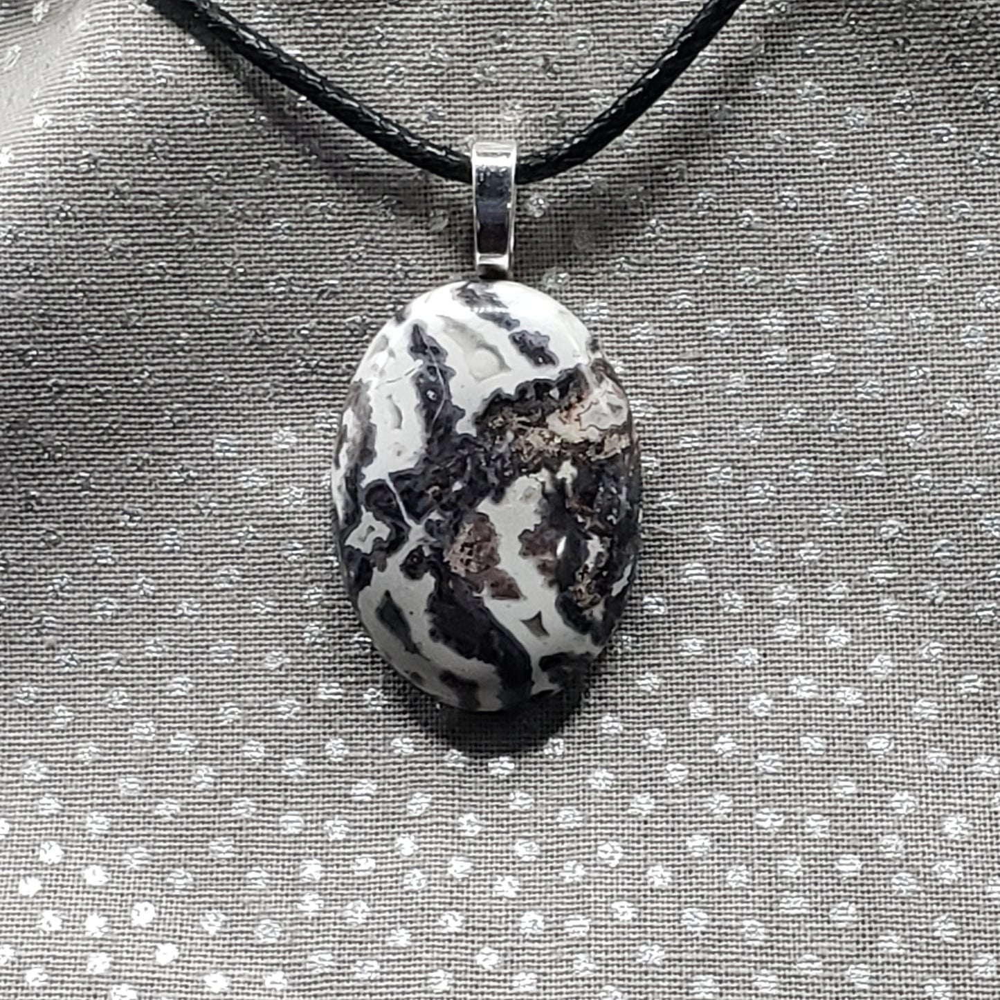 Black & White Jasper Agate 1" Oval Stone Pendant Necklace Jewelry 20" black cord (CJ00042) Simply CBD LLC
