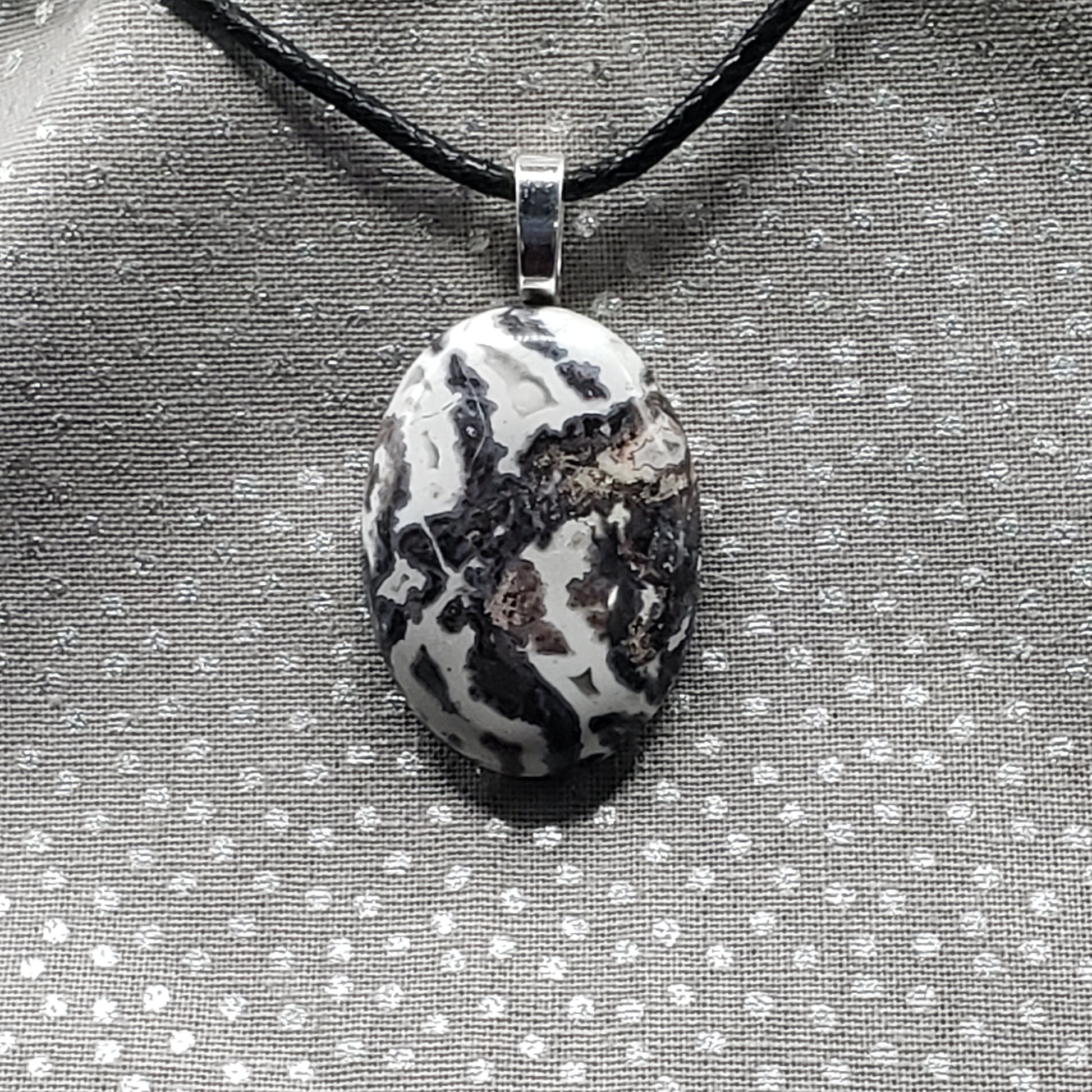 Black & White Jasper Agate 1" Oval Stone Pendant Necklace Jewelry 20" black cord (CJ00042) Simply CBD LLC