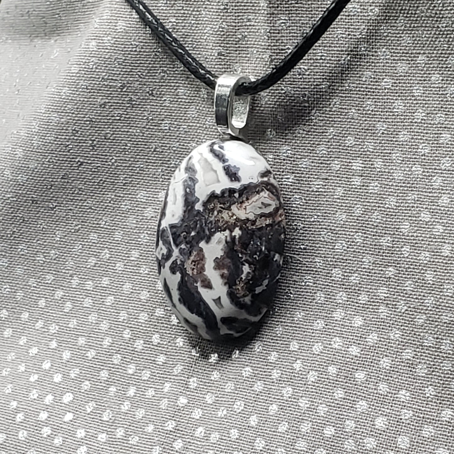 Black & White Jasper Agate 1" Oval Stone Pendant Necklace Jewelry 20" black cord (CJ00042) Simply CBD LLC