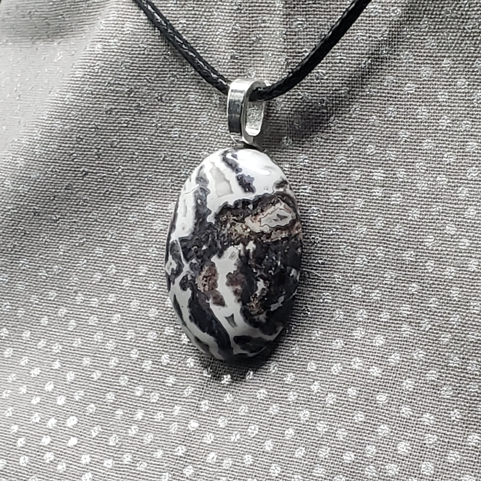 Black & White Jasper Agate 1" Oval Stone Pendant Necklace Jewelry 20" black cord (CJ00042) Simply CBD LLC