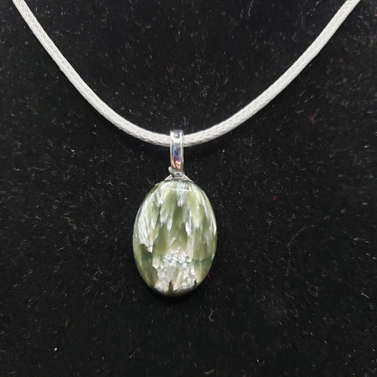 Seraphinite Crystal 1" Oval Natural Iridescent Stone Pendant Necklace 17" long sliver gray cord (CJ00046) Simply CBD LLC