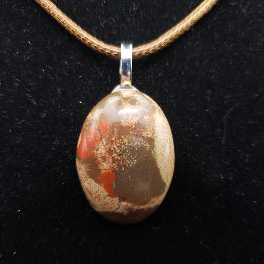 Red, Browns and Beige Ocean Jasper Agate 1 1/4" Oval Stone Pendant Necklace on a 17" long brown cord (CJ00033) Simply CBD LLC